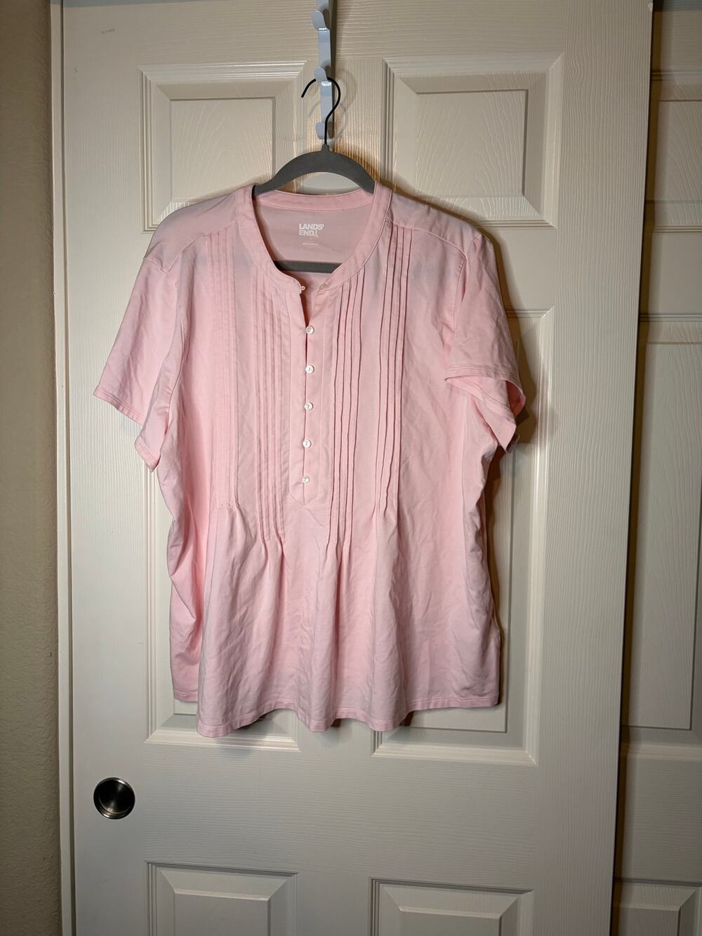 Women’s Land’s End Baby Pink S/S Pleated Henley Knit Top 1X EUC